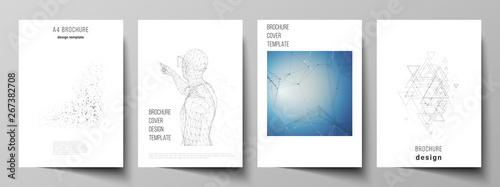 Vector layout of A4 format modern cover mockups design templates for brochure, magazine, flyer, booklet, annual report. Technology, science, future concept abstract futuristic backgrounds.