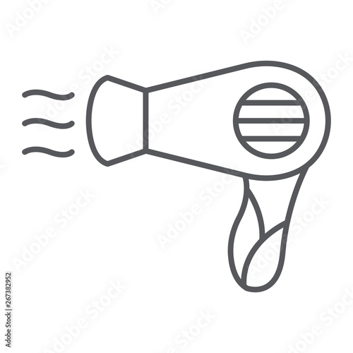 Hair dryer thin line icon, barber and appliance, blowdryer sign, vector graphics, a linear pattern on a white background.