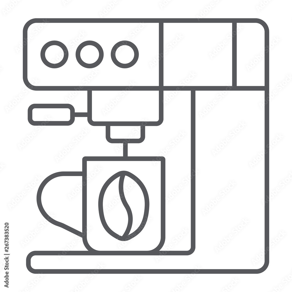 Coffee machine thin line icon, household and kitchen, coffee maker sign, vector graphics, a linear pattern on a white background. Coffee machine thin line icon, household and kitchen, coffee maker sign, vector graphics, a linear pattern on a white background.