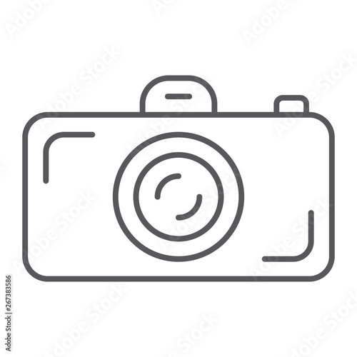 Camera thin line icon, lens and photo, shutter sign, vector graphics, a linear pattern on a white background.