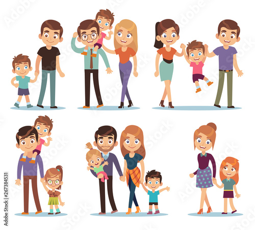 Family characters. Happy traditional families people relationship mother father kids grandma grandpa pet colorful cartoon vector set