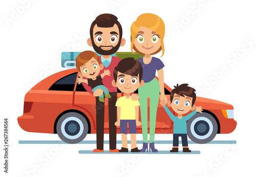 Family car. Happy young parents father mother kids pet auto lifestyle people automobile travel vacation road trip flat vector design