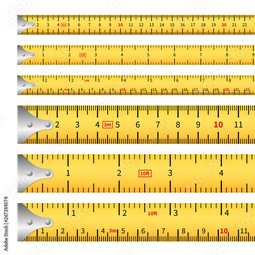 Measuring tapes. Measure inches tape measurement ruler, centimeter metric precision tool roulette length markings. Vector isolated