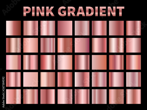 Pink metallic gradients. Golden rose gradient foil, shiny roses metallic plate border frame ribbon cover label. Vector templates