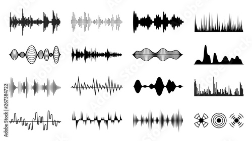 Sound waves set. Black digital radio musical wave. Audio soundtrack shapes. Player pulse forms isolated vector set