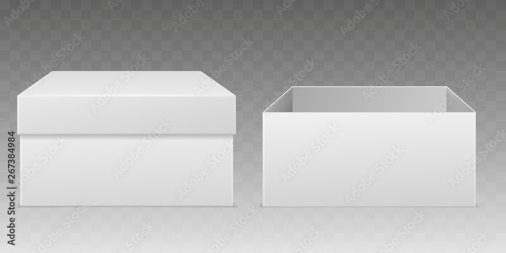 Realistic packaging boxes. Empty white box mockup, consumer cardboard