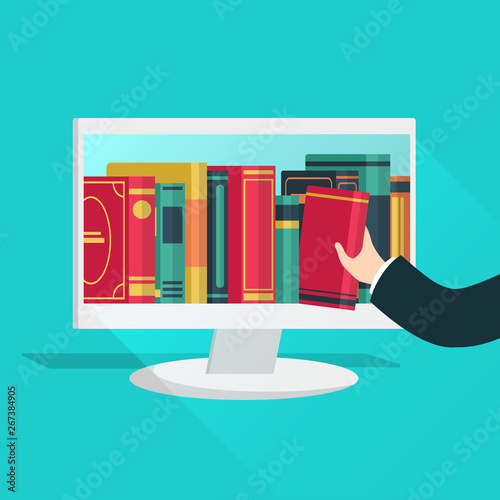 Online library. Website books store learning digital study read ebook catalog education files internet shop device flat vector concept