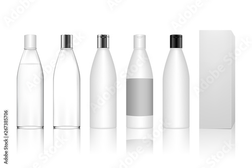 Cosmetic plastic bottle with box isolated on white background. Liquid container for gel, lotion, cream, shampoo, bath foam, skincare. Beauty product package, vector illustration.