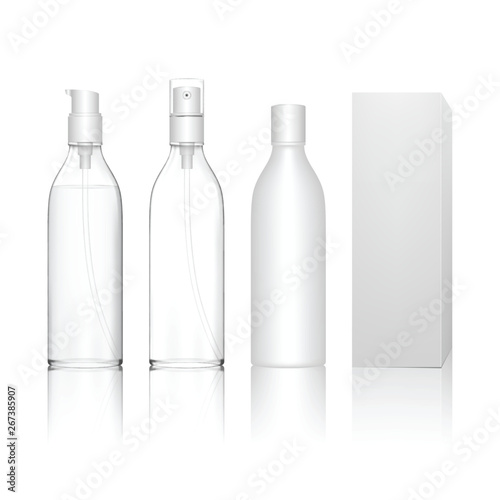 Transparent cosmetic plastic bottle with spray, dispenser pump. Liquid container for gel, lotion, shampoo, bath foam, skincare. Beauty product package. Vector illustration.