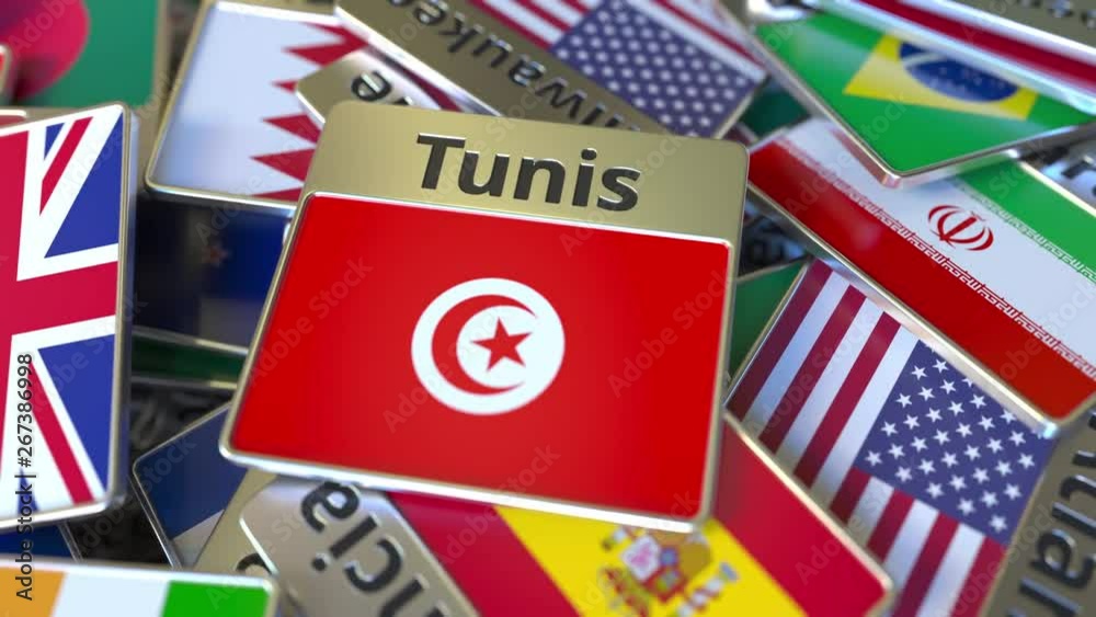 Souvenir magnet or badge with Tunis text and national flag among different ones. Traveling to Tunisia conceptual intro animation