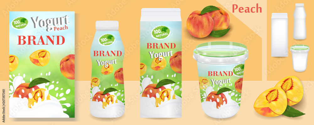 Natural peach Yogurt ads or packaging design. Template various packages for yogurt products. Applicable for branding, design presentation. Vector
