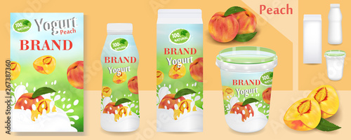 Natural peach Yogurt ads or packaging design. Template various packages for yogurt products. Applicable for branding  design presentation. Vector