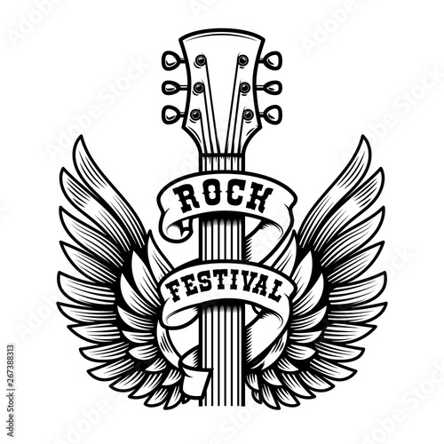 Rock festival. Guitar head with wings. Design element for poster, t shirt, emblem, sign, label.