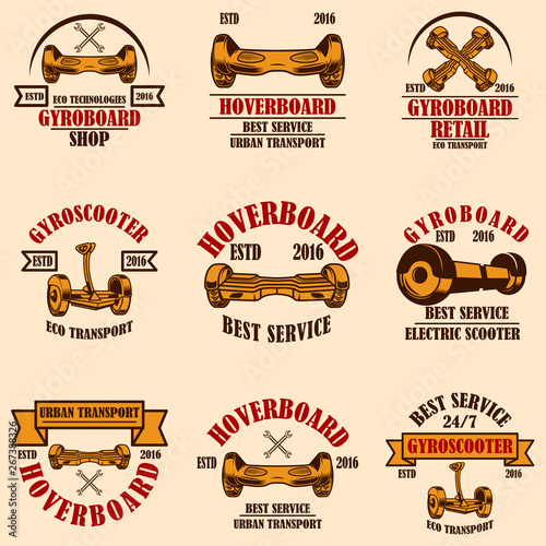 Set of gyro scooter emblems. Design elements for logo, label, sign, poster, card. Vector illustration