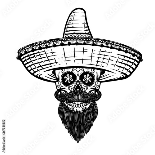 Mexican sugar skull in sombrero. Day of the dead theme. Design element for poster, t shirt, emblem, sign.