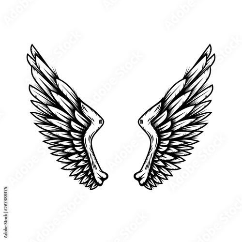 Angel wings in tattoo style isolated on white background. Design element for poster, t shit, card, emblem, sign, badge.