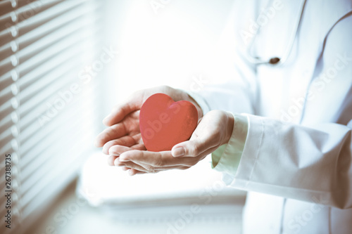 Close up of unknown female doctor with stethoscope holding heart near the window in hospital