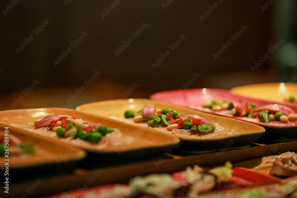 Sunday brunch buffet set up in Luxury Hotel, Brunch with Family in Restaurant. Various delicious food in restaurant Sunday brunch buffet set up in Luxury Hotel, Brunch with Family in Restaurant. Various delicious food in restaurant