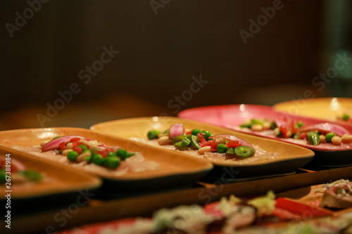 Sunday brunch buffet set up in Luxury Hotel, Brunch with Family in Restaurant. Various delicious food in restaurant