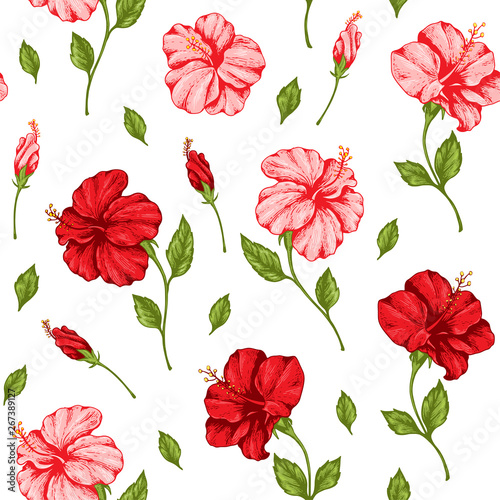 Pattern with pink and red hibiscus flowers