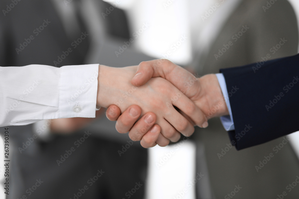 Business people shaking hands at meeting or negotiation, close-up. Group of unknown businessmen and women in modern office at background. Teamwork, partnership and handshake concept Business people shaking hands at meeting or negotiation, close-up. Group of unknown businessmen and women in modern office at background. Teamwork, partnership and handshake concept