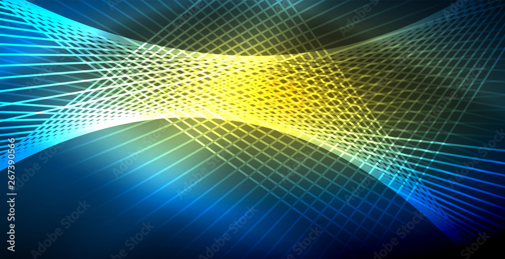 Fototapeta premium Neon glowing techno lines, blue hi-tech futuristic abstract background template with lights