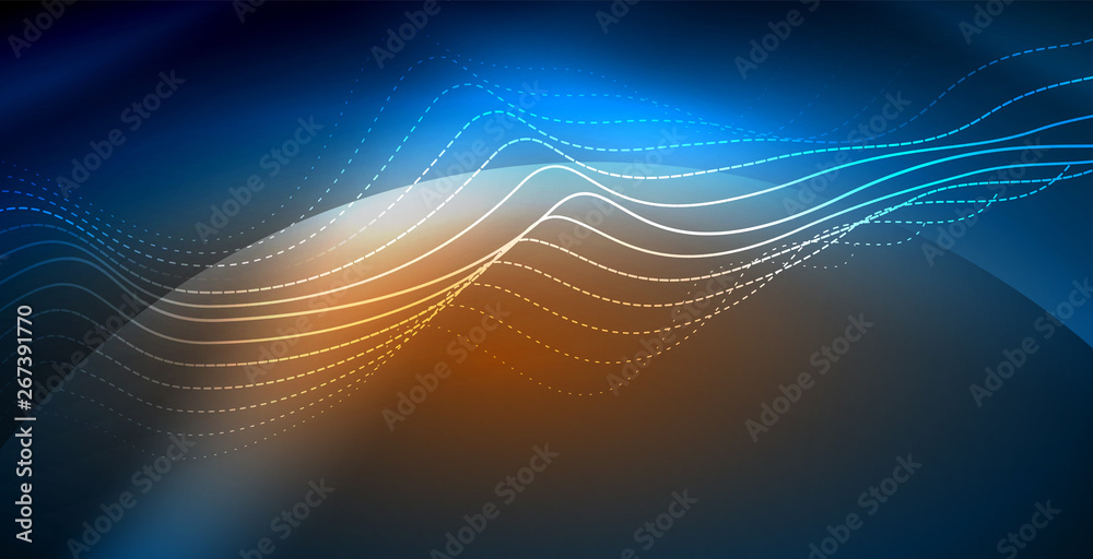 Glowing abstract wave on dark, shiny motion, magic space light. Vector techno abstract background Glowing abstract wave on dark, shiny motion, magic space light. Vector techno abstract background