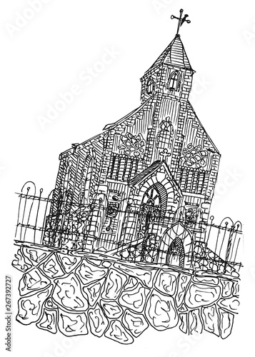 sketch drawing of church catholic black ink