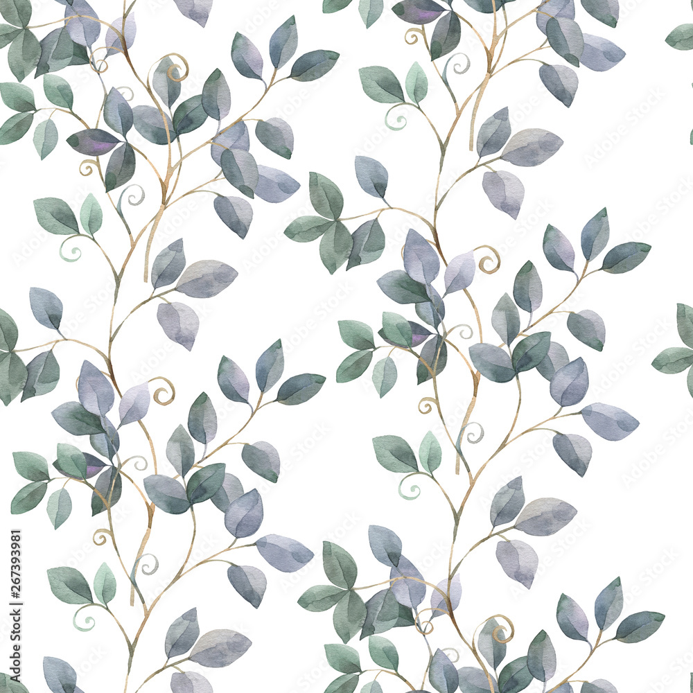 Hand painted watercolor illustration. Seamless pattern with decorative plant elements. 