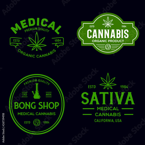 Set of Modern vintage cannabis logo labels badges templates. Medical marijuana logotypes.