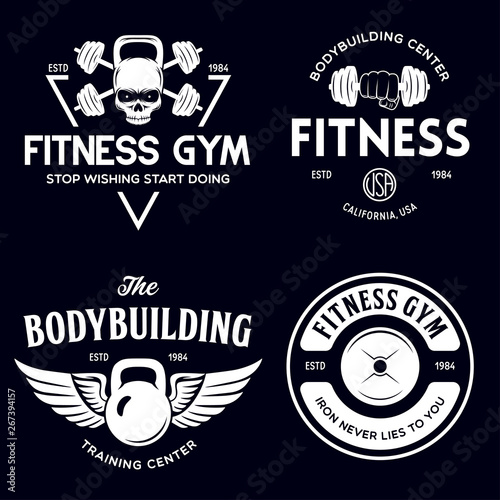 Set of monochrome fitness emblems, labels, badges and designed elements. Vintage bodybuilding logo templates.