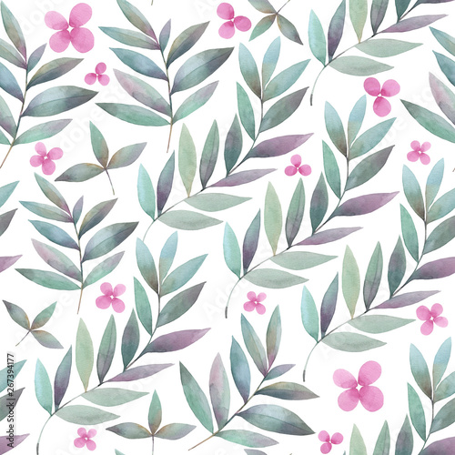 Hand painted watercolor illustration. Seamless pattern with decorative plant elements. © Aleksandra Foster