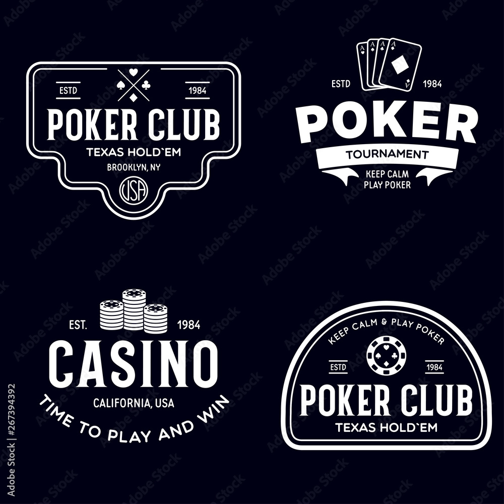 Fototapeta premium Poker related labels emblems badges design elements set. Texas holdem poker club tournament logotype collection.