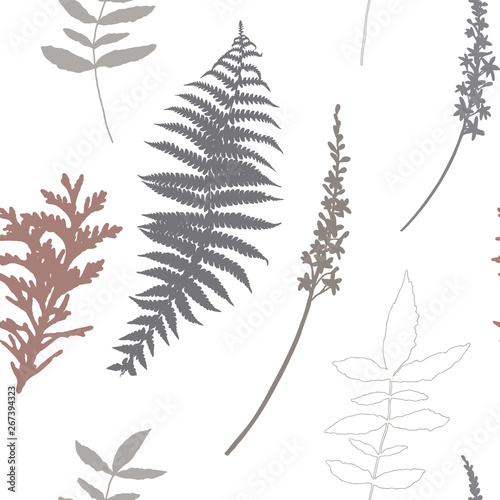 Botanical floral vector seamless pattern with hand drawn herbs, plants, flowe...