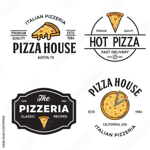 Set of pizza logo, badges, banners, emblems for fast food restaurant. Collection labels for menu design restaurant or pizzeria.