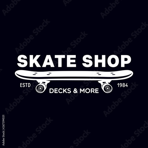 Skateboarding label badge. Skate shop logotype. Design elements for posters, t-shirt prints, emblems.