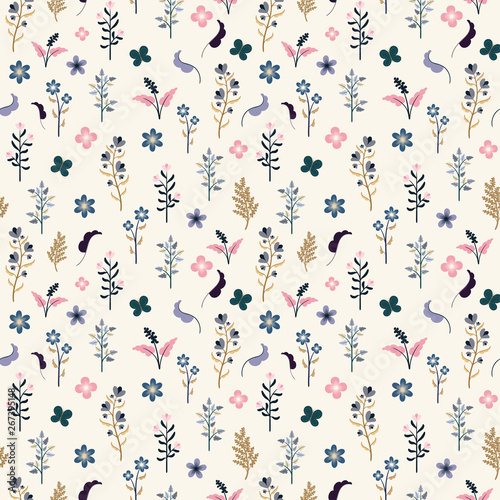 Summer floral seamless vector pattern, pink & blue spring flowers 
