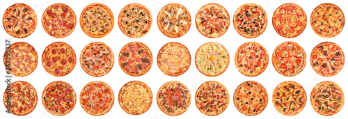 Big set of pizzas isolated on white background. Top view