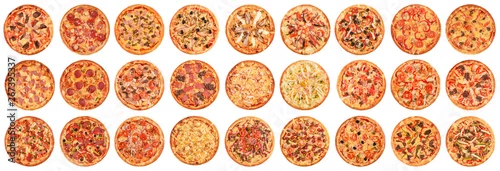 Obraz  z motywem Big set of pizzas isolated on white background. Top view