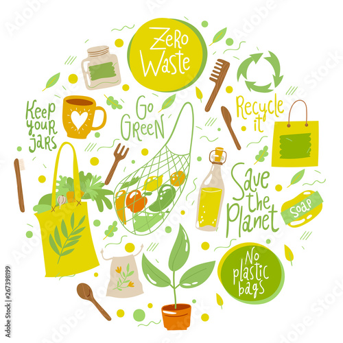 Zero waste motivational vector design with eco life elements and lettering 