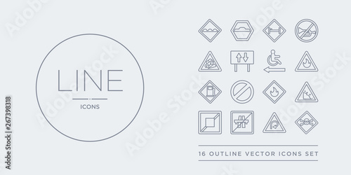 16 line vector icons set such as danger, degree curve road, end motorway, end of way, falling rocks contains fire, forbidden, gas station, gasoline. danger, degree curve road, end motorway from