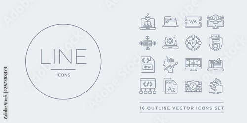 16 line vector icons set such as engagement, firewalls, font, frameworks, front end contains grid system, growth hacking, html, html5. engagement, firewalls, font from technology outline icons.