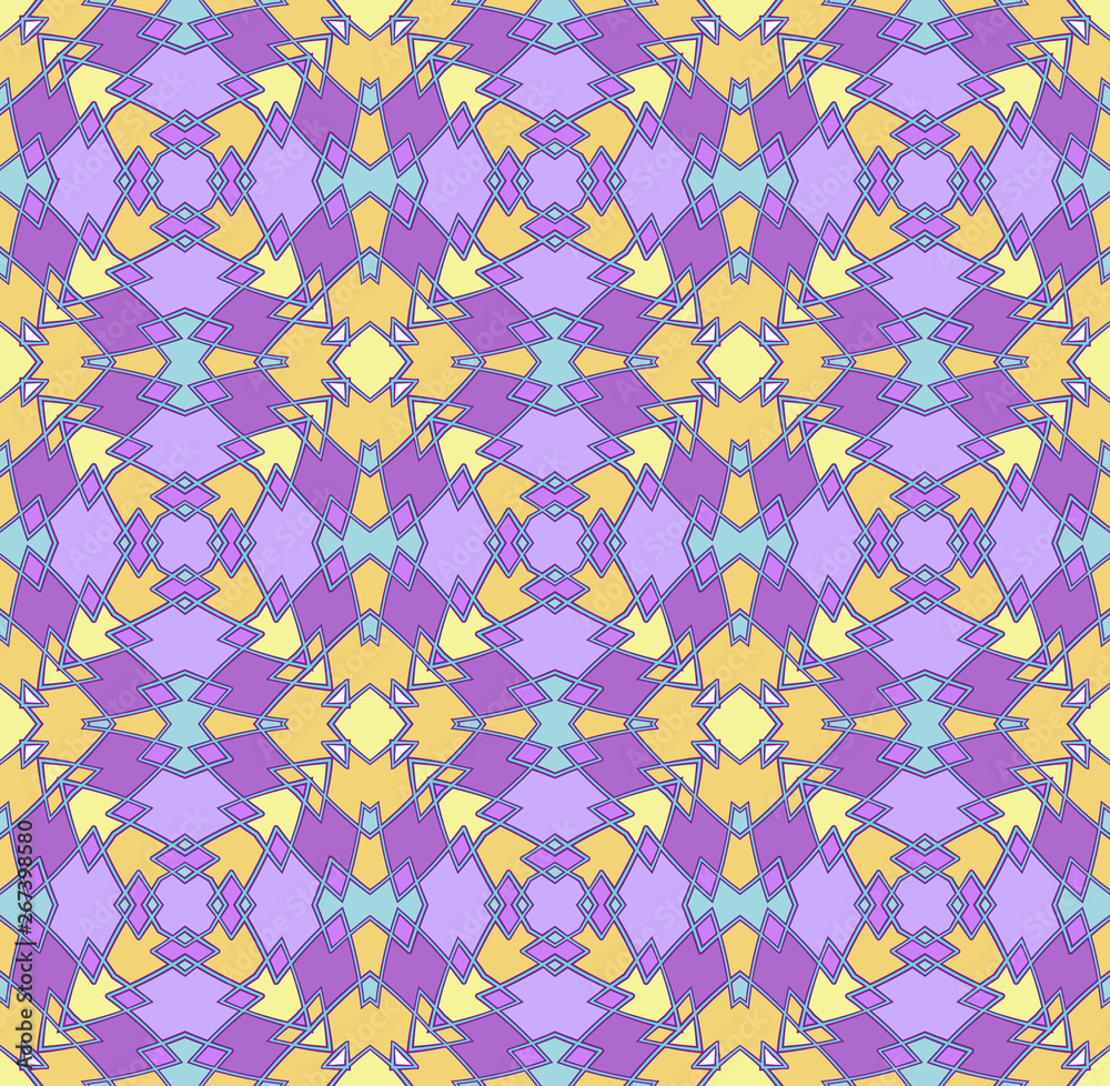 seamless abstract geometric pattern in yellow, gold and purple with a blue outline