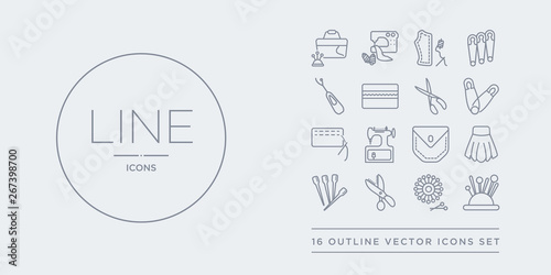 16 line vector icons set such as pin holder, pin sew, pinking shears, pins, pleat contains pocket, rotary, running stitch, safety pin. holder, sew, pinking shears from sew outline icons. thin,