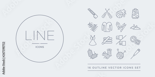 16 line vector icons set such as awl, ball of wool, bobbin, bobbin, button contains buttonhole, chalk, clothes, clothes hanger. awl, ball of wool, bobbin from sew outline icons. thin, stroke