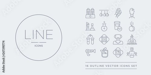 16 line vector icons set such as robot, atom, beaker, blaster, chemical contains einstein, electron, experiment, gravity. robot, atom, beaker from science outline icons. thin, stroke elements