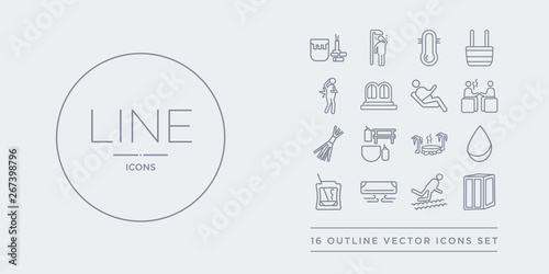 16 line vector icons set such as 2steam bath, adrenalin rush, air cooling, aroma stimulation, arterioles contains asian bath, banja, birching, body heat gain. 2steam bath, adrenalin rush, air