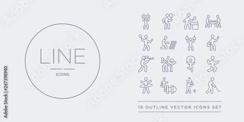 16 line vector icons set such as people playing golf, people playing handball, people playing hopscotch, hula hop, jumping contains jumping rope, limbo, paintball, painting. golf, handball,