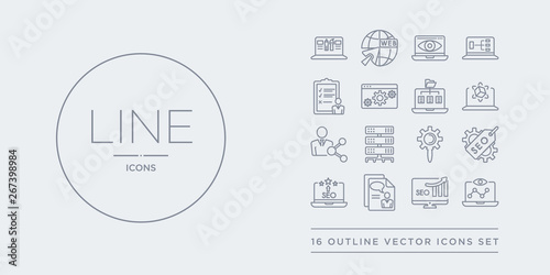 16 line vector icons set such as seo monitoring, seo ranking, seo report, reputation, tags contains tools, server, sharing, simulation. monitoring, ranking, report from programming outline icons.