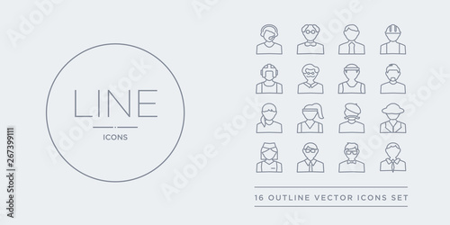 16 line vector icons set such as accountant, actor, actuary, air hostess, archeologist contains artist, athlete, baby sitter, barber. accountant, actor, actuary from professions outline icons. thin,